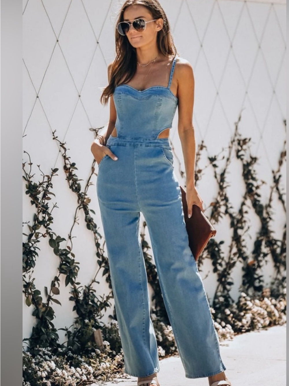 Vici Light Blue Denim Jumpsuit with Twisted Strap Detail